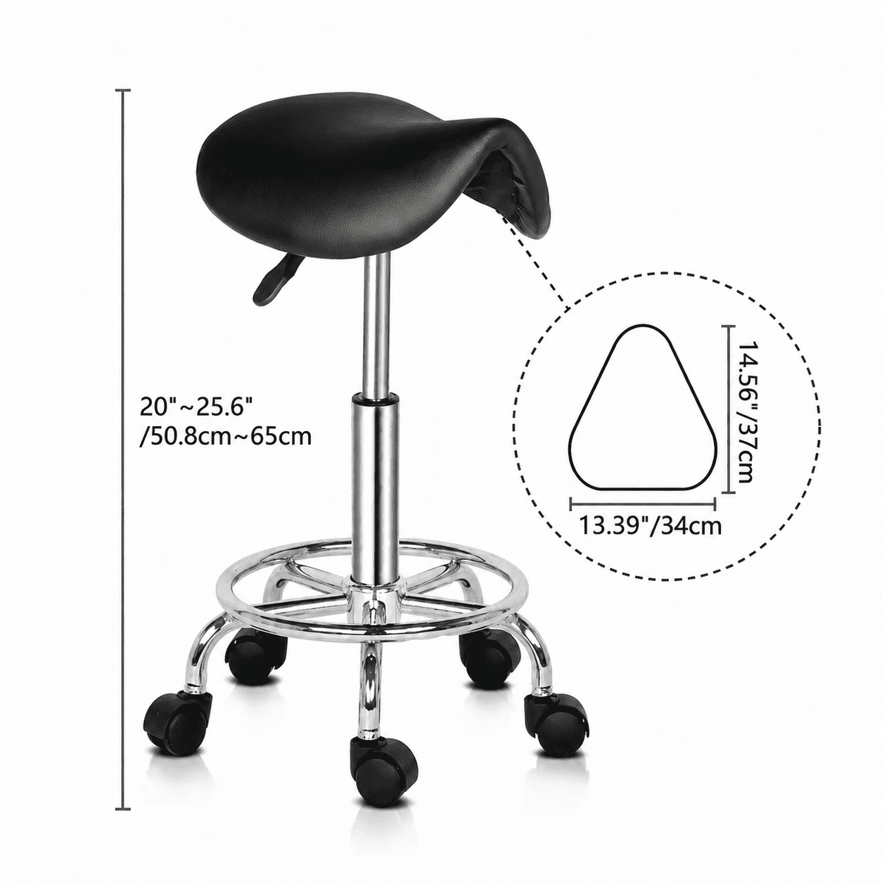 Alvantor Saddle Rolling Stool with 20–25.6 in Adjustable Height, 360° Swivel and Five Wheels, Black