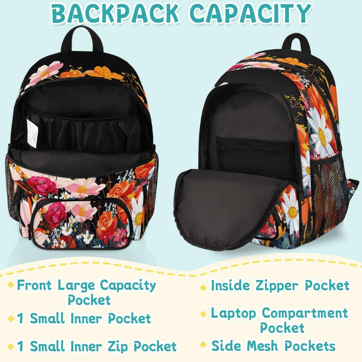 Herdesigns Flower Floral Laptop Backpack for Women Men, Work Computer Backpacks, 18.3 Inch Large Computer Nurse Teacher Bags Travel Casual Daypack