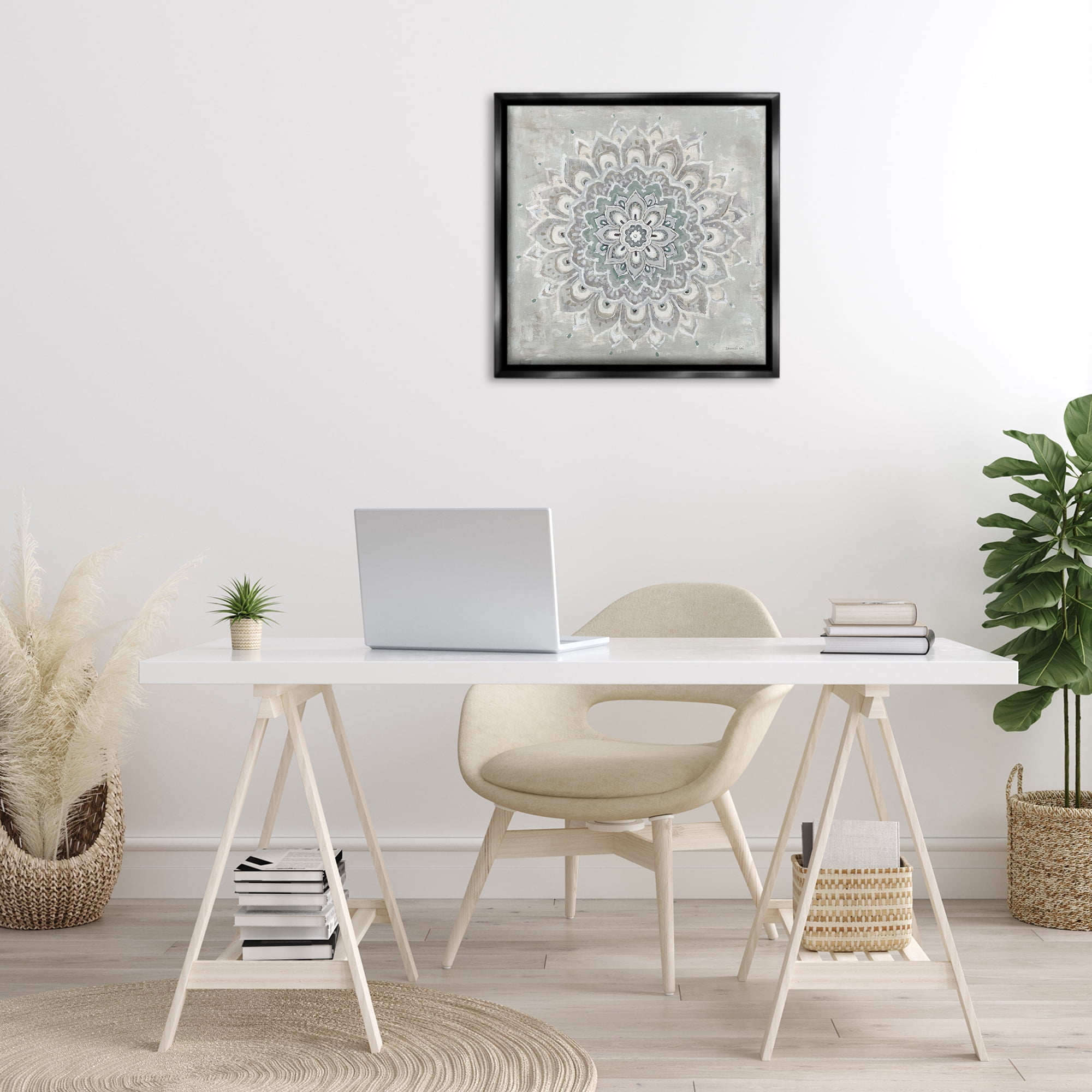 Stupell Industries Gentle Mandala Flower Abstract Painting Black Floater Framed Canvas Art Print Wall Art, 25 x 25