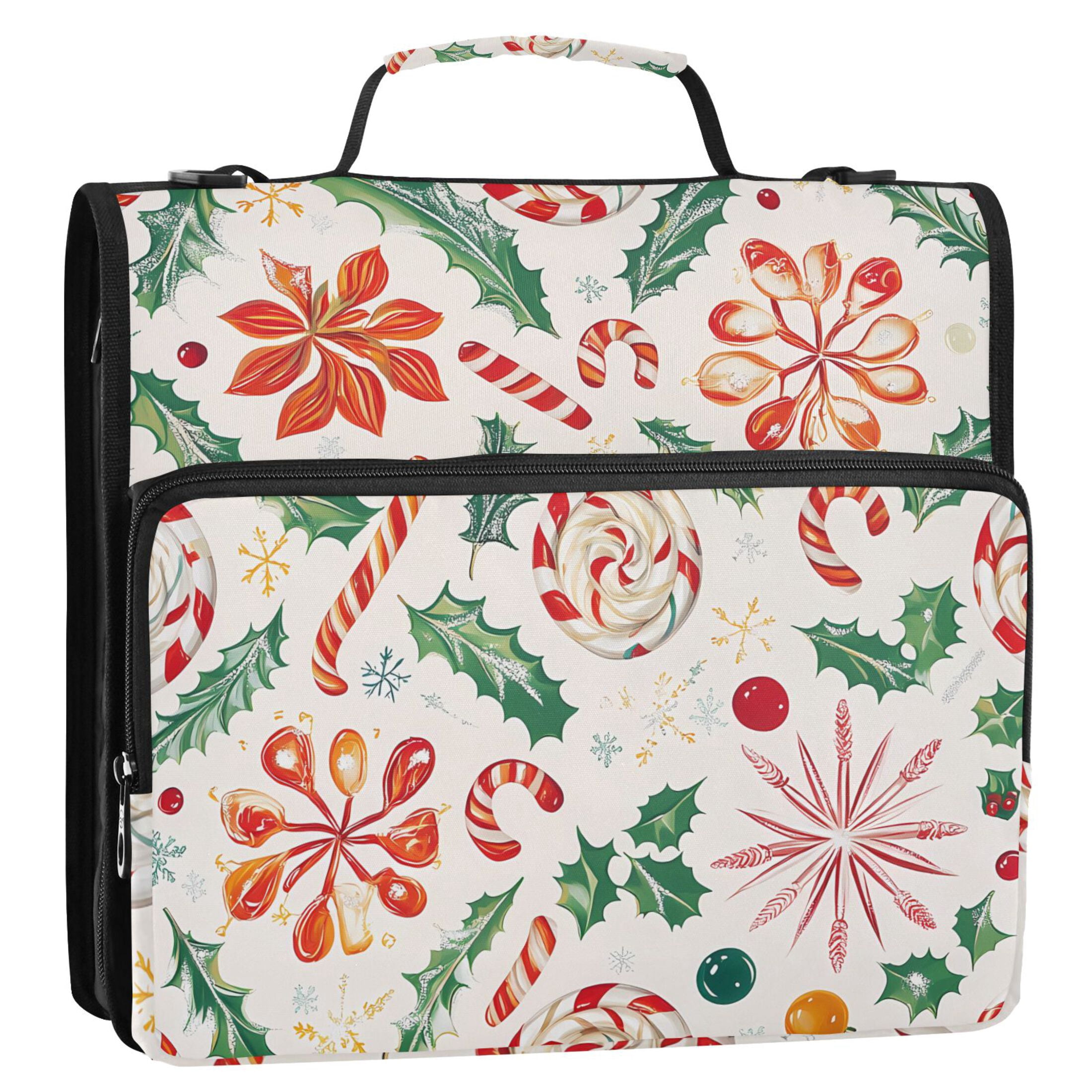 3 Ring Zipper Binder with Shoulder Strap Waterproof Trapper Keeper 2 Inch D-Ring 500 Sheets Capacity Christmas Candy Canes Holly Leaves