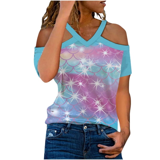 Tops con estampado de hombros descubiertos de manga corta con cuello en V para mujer Pompotops hkajfhjk466897