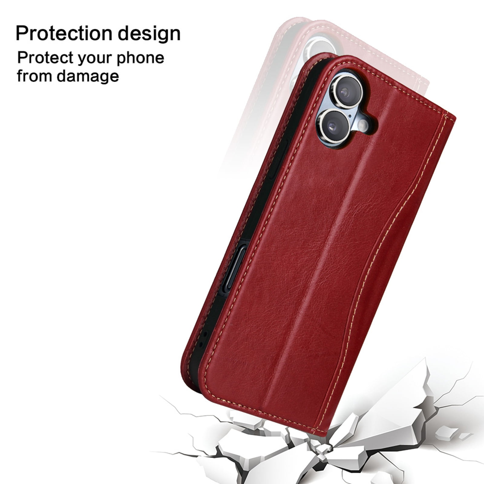 TECH CIRCLE for iPhone 17 Classic Wallet Case, Genuine Leather Magnetic Closure Book Folding Flip Leather Case with Card Holder Kickstand TPU Shockproof Protective Phone Cover,Red