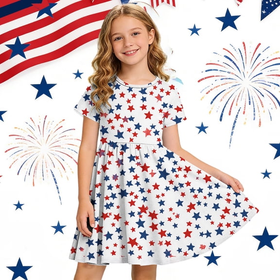 YUANxueke Girls 4th of July Outfit Dress Short Sleeve Crewneck Patriotic Dress Casual Trendy Printed A-Line Dress for 4-14 Years