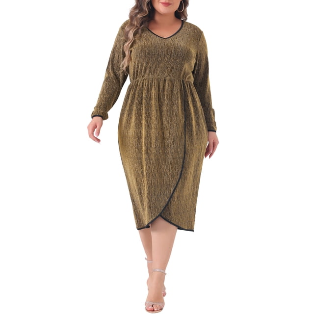 Vestido de fiesta de lentejuelas brillantes para mujer Agnes Orinda, talla grande, de manga larga, con escote en V y estilo tulipán, 2X dorado