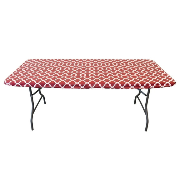 Waverly Inspirations Rectangular Elastic Fitted Table Cover Waterproof Vinyl Tablecloth With Flannel Backing, 6Ft Table, 72" x 30", Ogee Curl Cranberry, 8 PK