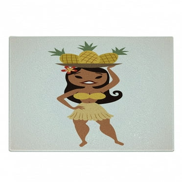 Hula Girl Cutting Board, Tropical Woman with Pineapples in Traditional Costume Vacation Hipster Style, Decorative Tempered Glass Cutting and Serving Board, in 3 Sizes, by Ambesonne
