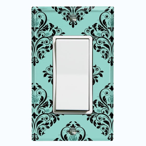Metal Light Switch Plate Cover Elegant Teal Black Diamond Rose Damask DAM095