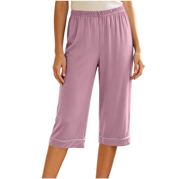 Wensltd Women's Capri Pajama Pants Elastic Waist Wide Leg Cropped Pants with Contrast Trim Comfy