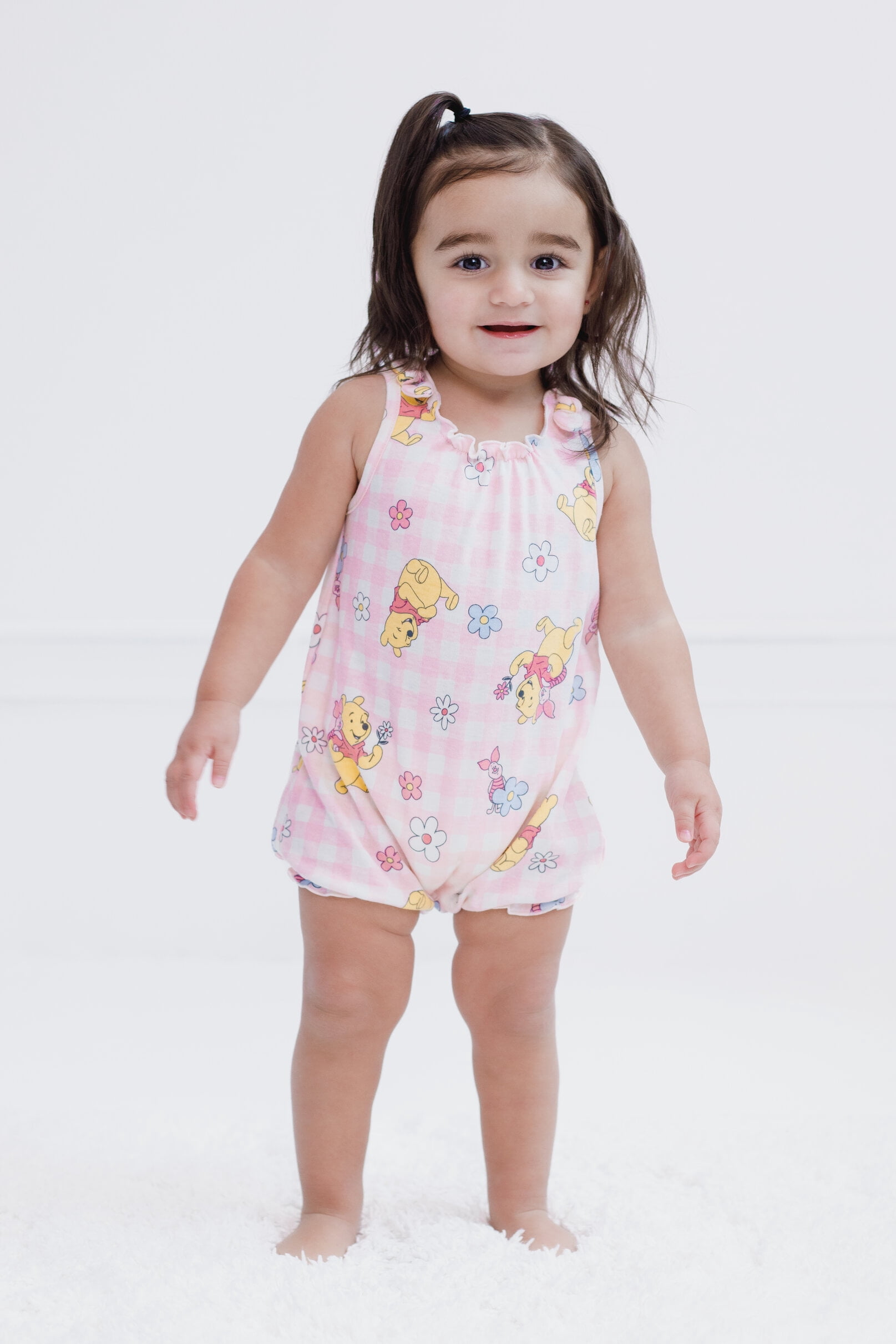 Disney Winnie the Pooh Baby Girls' 2-Pack Short Sleeve and Sleeveless Bubble Romper Set Tusk and Pink Winnie the Pooh and Piglet