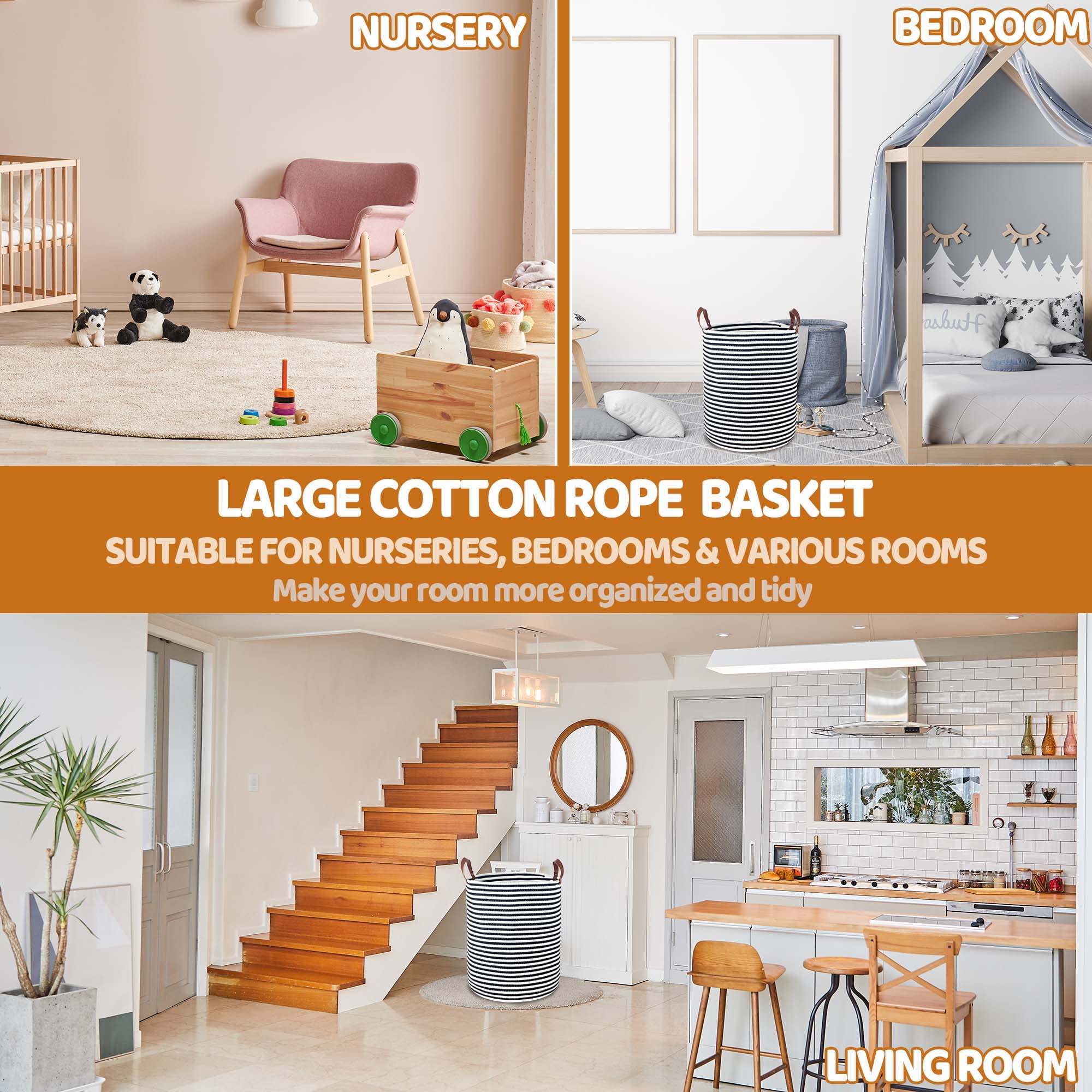 Caroeas XXXL Extra Large Rope Basket, 16''x20'' Woven Storage Basket with Leather Handles, Blanket Basket for Living Room, Tall Nursery Basket, Storage Organizer, Black and White Stripes