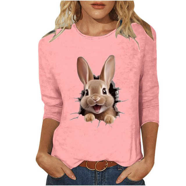 YanHoo Hauts pour Femmes Manches 3/4 Col Rond Imprimé de Pâques T-Shirt Décontracté Lapin de Pâques Joyeux Hauts de Printemps Amusants T-Shirts Graphiques Œufs de Pâques Mignons Cadeaux de Pâques pour Femmes