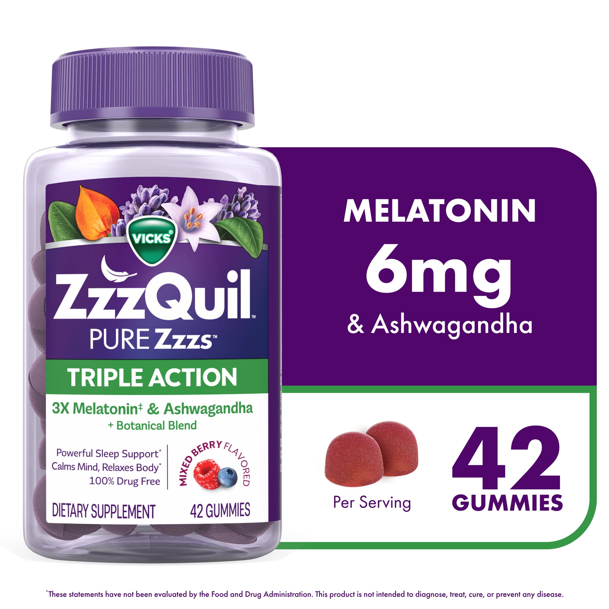 ZzzQuil PURE Zzzs Melatonin Triple Action with Ashwagandha, Melatonin 6mg, 42 Gummies