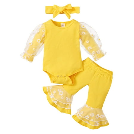 

LAPA Baby Girls Solid Romper Mesh Sleeves Tops Elastic Waist Solid Pants 3Pcs Set