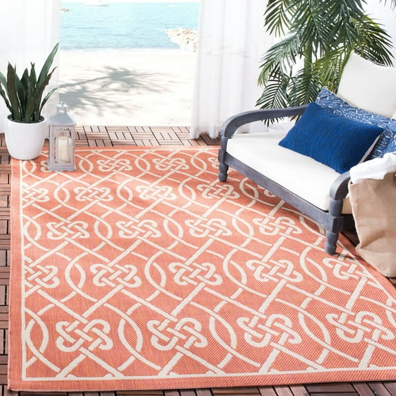 SAFAVIEH Courtyard Finian Distressed Geometric Indoor/Outdoor Area Rug Terracotta/Light Beige, 5'3" x 7'7"