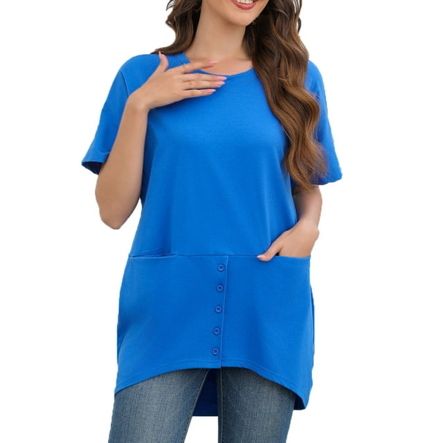 Scyoekwg Hauts pour Femmes Tendance Décontractés Col Rond Tunique Régulière T-Shirt avec Poche Confortable Léger Ample Couleur Unie Été Manches Courtes T-Shirts Blouses Confortables (Bleu,TTG)