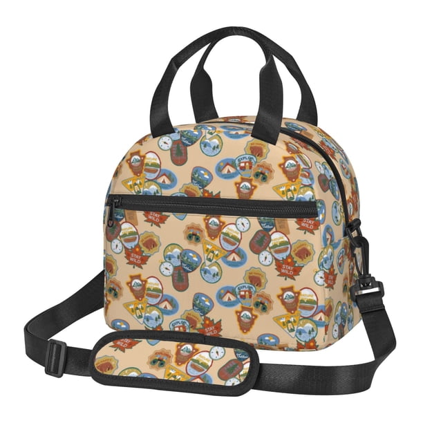 Balery Camp Badge Bolsa de Almuerzo Impresa, Caja de Almuerzo Reutilizable, Bolsa Térmica Aislada para Almuerzo, Bolsa Antiderrames