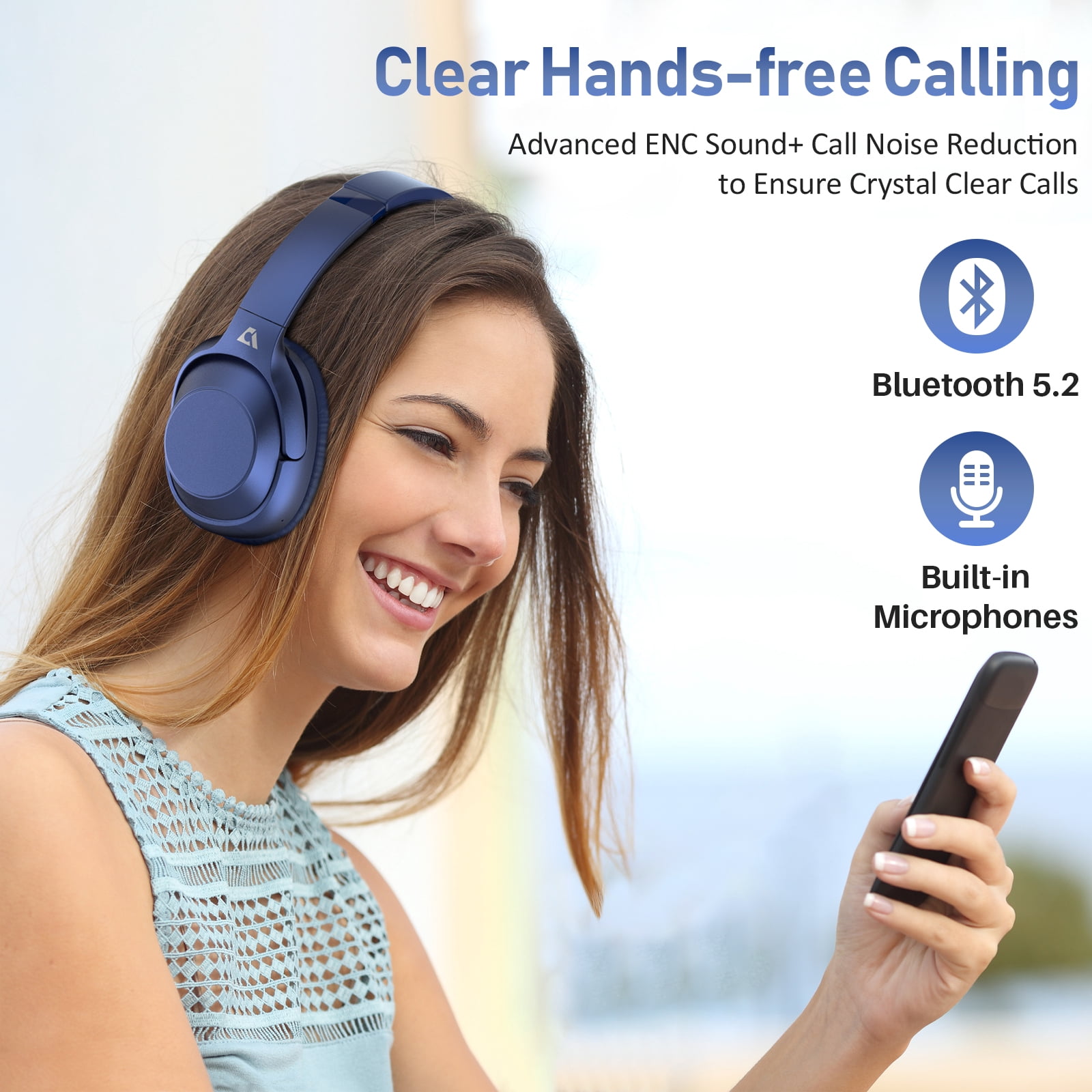 Ankbit E500 Active Noise Cancelling Wireless Headphones with Microphone, Bluetooth 5.2, Deep Bass, 80H Playtime, Voice Assistant for Travel/Home/Office - Blue