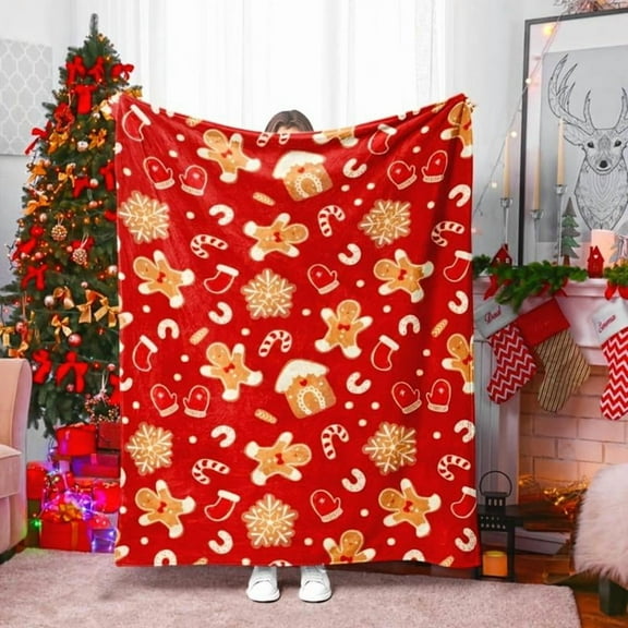 [60x50inch] Soft Funny Throw Blanket Christmas Gingerbread Print Flannel Throw Blankets All-Season for Sofa, Bed, Travel & Camping - Festive Holiday Decor with Candy Canes & Snowflakes Design, Ginger