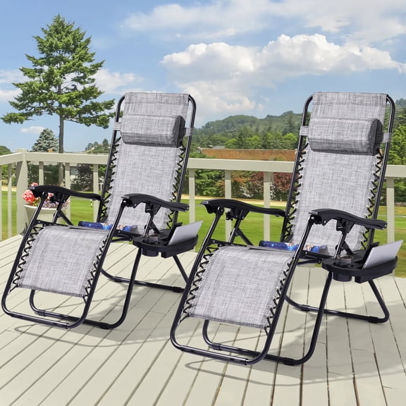 CHYVARY Set of 2 Oversized Zero Gravity Patio Reclining Lounge Chair with an Adjustable Headrest and Side Tray, Grey