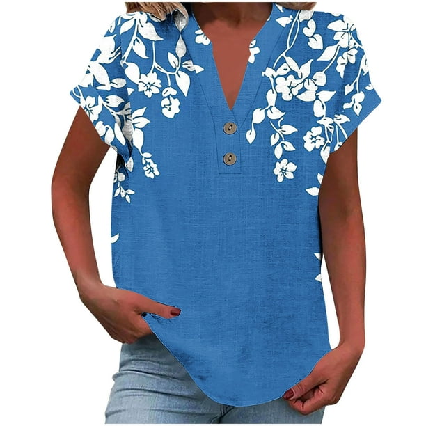 Vestidos Casuales Para Mujer, Blusas De Mujer De Moda Camiseta informal de manga corta con cuello en V y botones para mujer