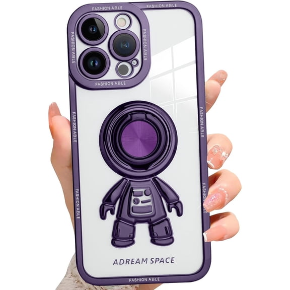 iPhone 14 Pro Case Kickstand Astronaut Mental Ring Anti-Scratch Shockproof Clear Four Corner Cushion Camera Protector   1* Screen Protector Durable Full Body Protection Cover -Purple
