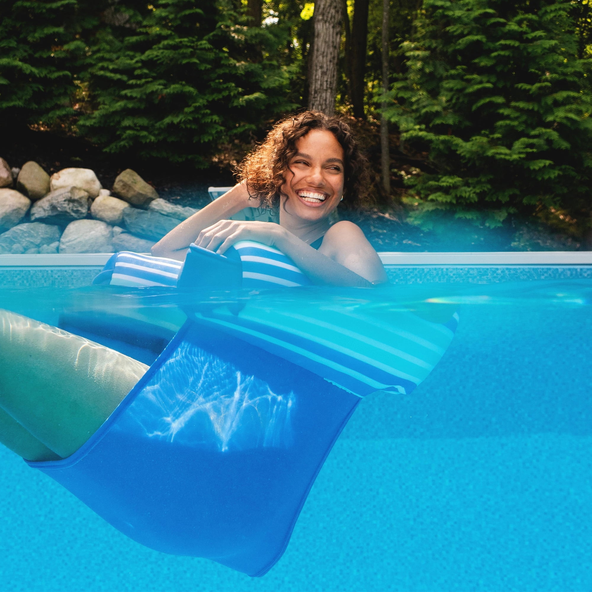 Big Joe Noodle Sling No Inflation Needed Pool Seat with Armrests, Vista Stripe Double Sided Mesh, Quick Draining Fabric, 3 feet