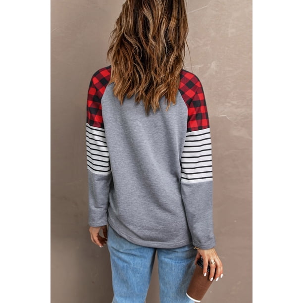 ABPHQTO Top de mujer de manga larga gris con estampado gráfico navideño a rayas a cuadros