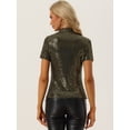 thumbnail image 3 of Camiseta con Lentejuelas Allegra K Blusa de Fiesta Brillante de Manga Corta Cuello Alto Oro M, 3 of 5