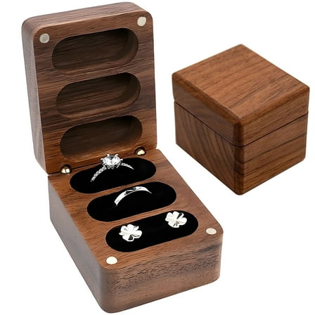 3 Slot Walnut Engagement Ring Box, Personalized Jewelry Box with Adhesive Closure, Compact Ring Box for Weddings and Anniversaries