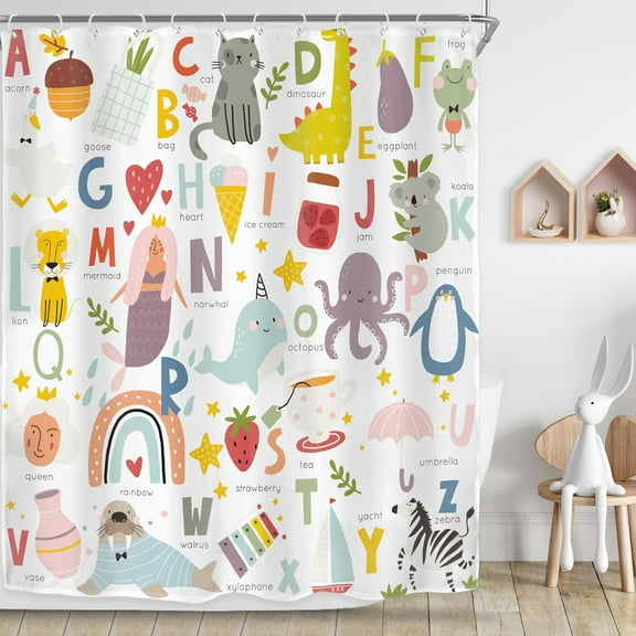 Kids Alphabet Shower Curtain for Bathroom Decor 72Wx72H ABC Educational Learning Tool Baby Cartoon Animals Colorful Girls Boys Art Printed Fabric Polyester Waterproof 12 Pack Plastic Hooks