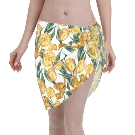 Qekee Yellow Tulips Women s Short Sarongs Cover Ups Sheer Bikini Wraps for Swimwear