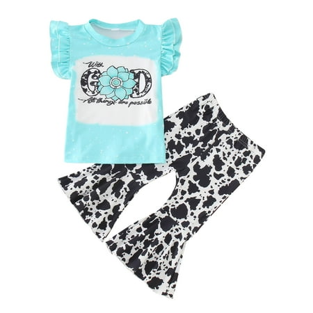 

Lovely Casual Sets For Children Girls Leopard Patchwork Printed Ruffled Sleeve O-Neck Shirt Pullover Tops Leopard Bell Bottoms Pants Outfits Dailywears Comfortable Loose Fittness Sets