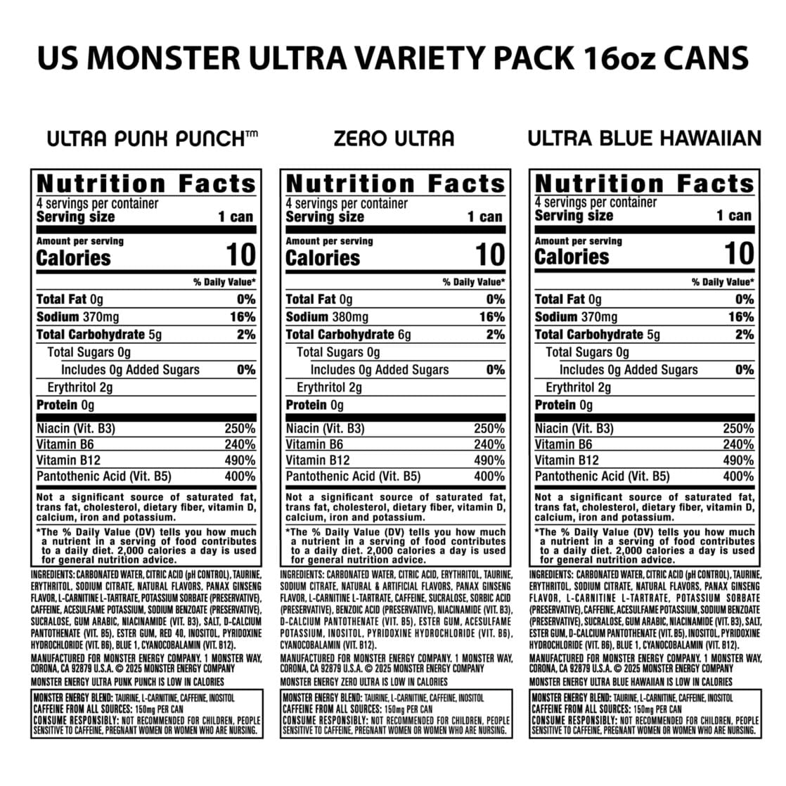 Monster Energy, Ultra VP, Zero Ultra, Ultra Blue Hawaiian, Ultra Punk Punch, Energy Drink, 16 fl oz, 6 Pack