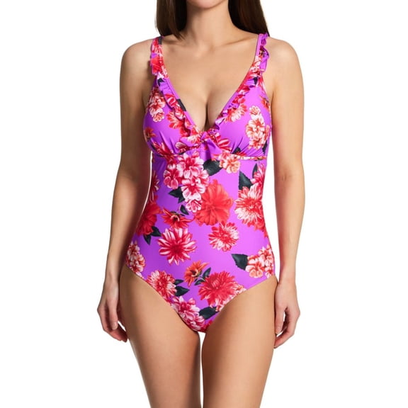 Women's Pour Moi 80011 Getaway Frill Tummy Control One Piece Swimsuit (Ultraviolet Floral 2X)