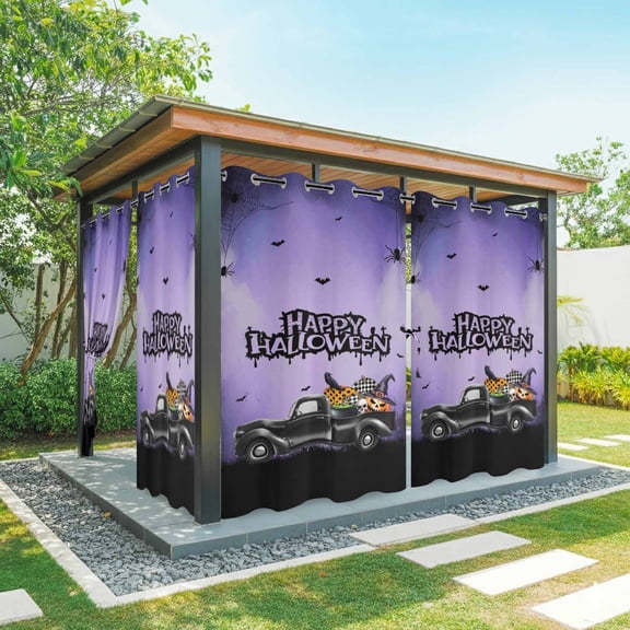 1 Panel Outdoor Curtains for Patio Waterproof 54"x95" Dark Purple Halloween Weatherproof Privacy Outsides Curtains, Spooky Truck Pumpkins Crow Spi-der Grommet Thermal Drapes for Cabana Porch Pergola