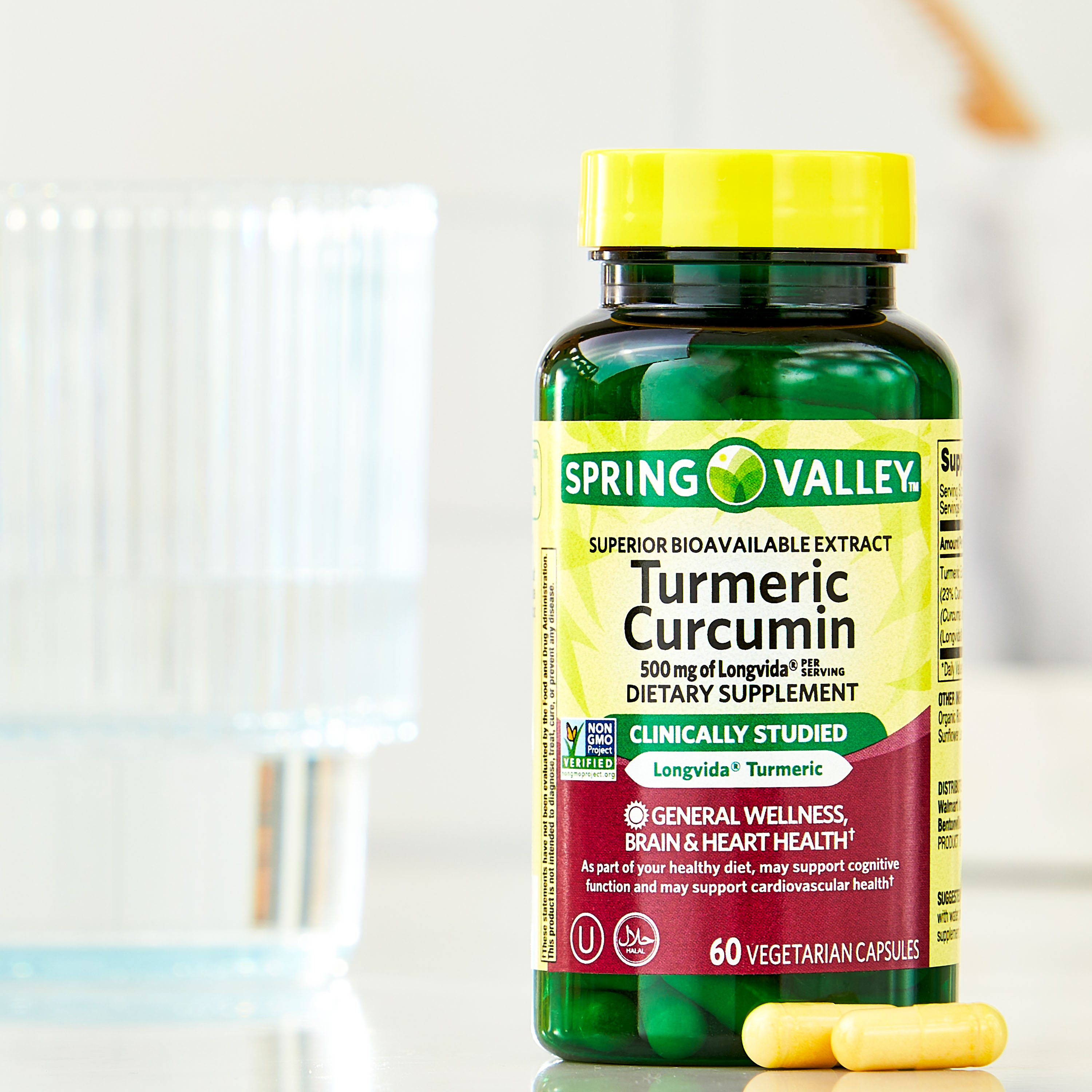 Spring Valley Turmeric Curcumin Brain & Heart Health Dietary Supplement Vegetarian Capsules, 500 mg, 60 Count