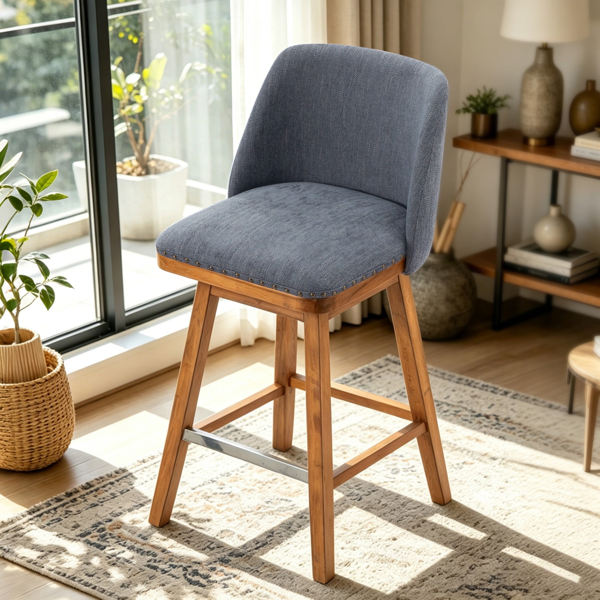 BSHTI 18.9" Linen Swivel Barstool with Back Support, Foam Seat, Wood Frame, Footrest for Dining Rooms（Blue）