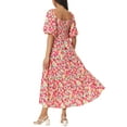 thumbnail image 3 of INSPIRE CHIC Women's Midi Summer Dresses Casual Flowy Beach Square Neck Puff Short Sleeve Smocked Back Boho Floral Maxi Dress Red S, 3 of 5
