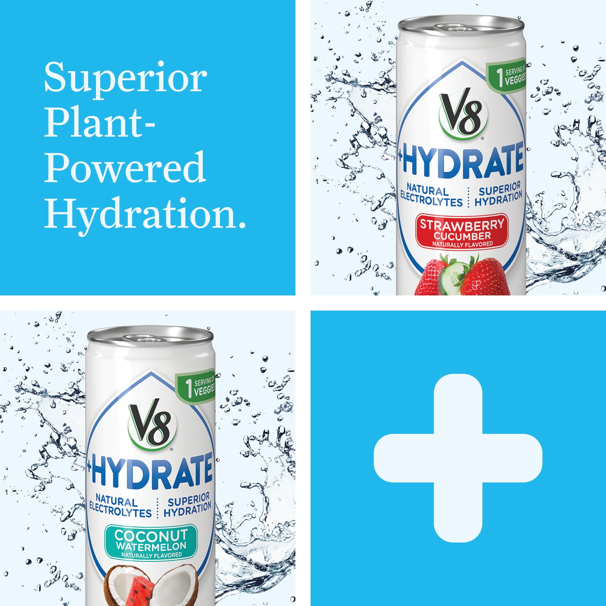 V8 +Hydrate Plant-Based Hydrating Beverage, Coconut Watermelon, 8 oz. Can (Pack of 6)