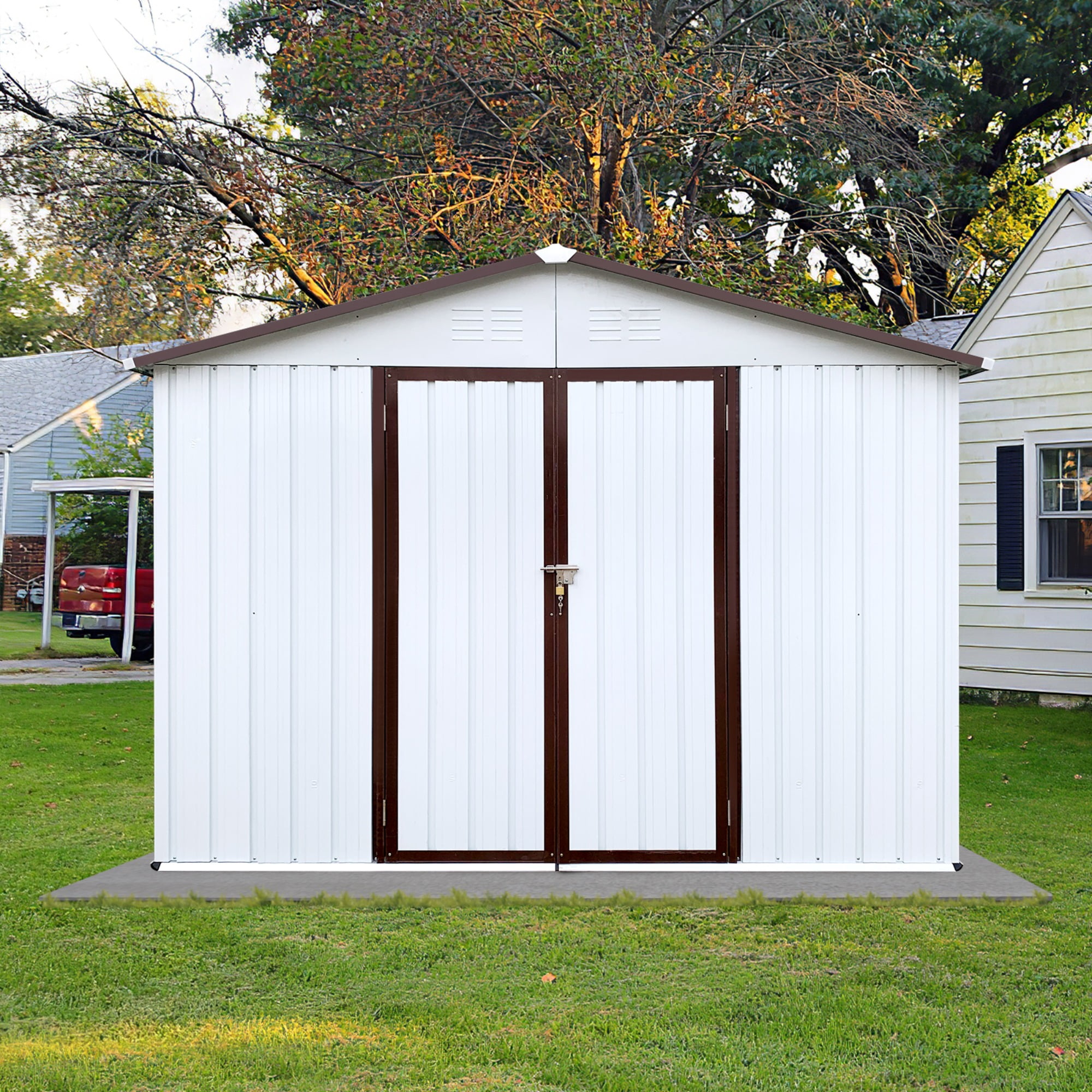 JXXRZ 10x8ft Compact Steel Storage Shed, Weather-Resistant Metal Shed for Garden Tools & Lawn, White&Brown