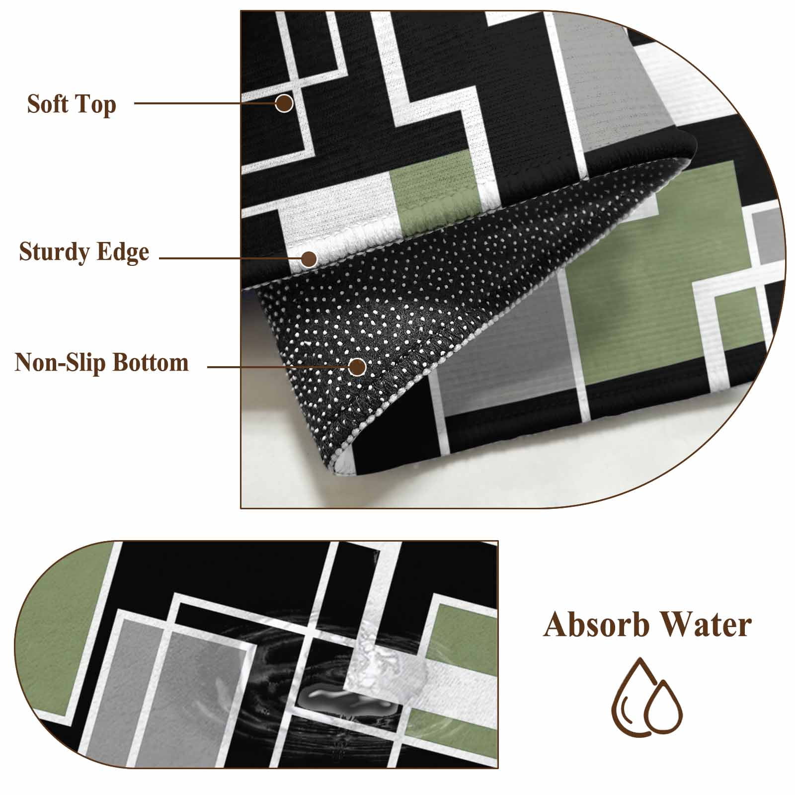 Sage Green Black Geometric Round Area Rug 4Ft Washable Circle Rugs for Bedroom Dining Room, Modern Abstract Art Block Non-Slip Carpet Floor Mats Indoor Outdoor Carpet Runner Aesthetic Home Decor