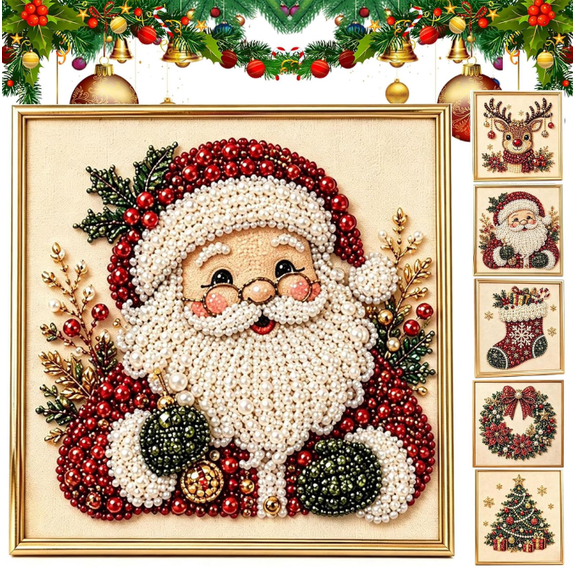 Christmas Pearl Art Kit, 3D Pearl Diamond Art Kits for Adults DIY | DIY Pearl Art Kit with Shimmering Pearl Beads, Complete Tools Included, 5 Christmas Designs for Seasonal Home Decor, Gifts