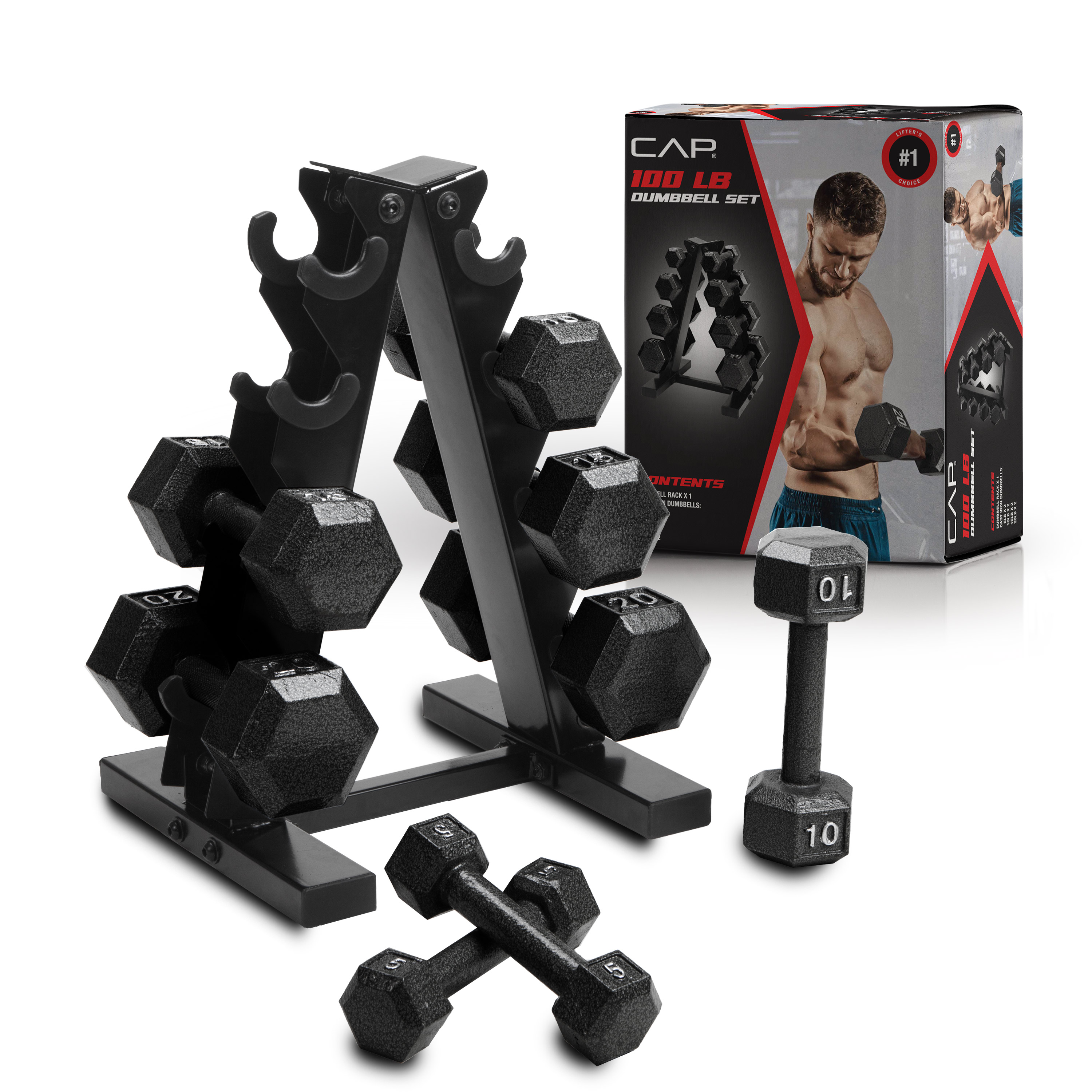 Cap Barbell 100 lb Cast Iron Hex Dumbbell Weight Set with Rack, Black - image 2 of 7