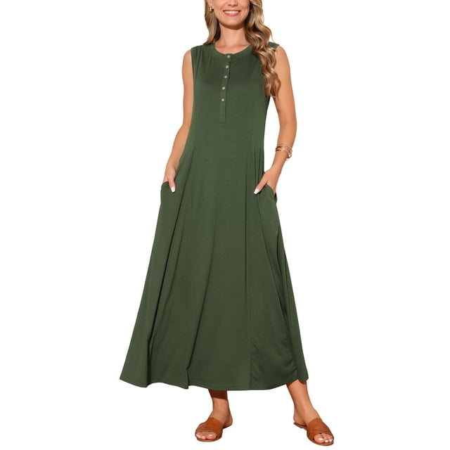 Vestidos sin mangas Inspire Chic para mujer, con botones, corte acampanado, estilo casual, largos, atuendos de verano, talla XL, verde militar
