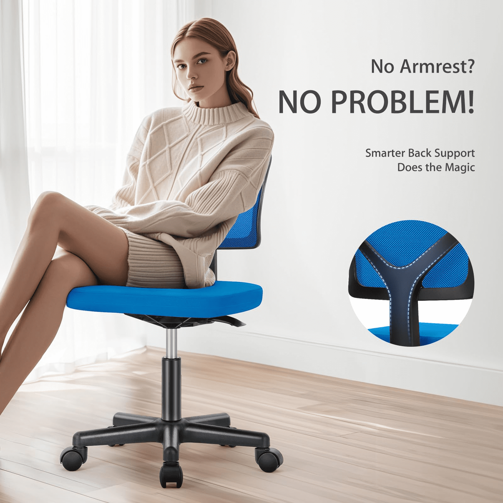 Kelno Small Desk Chair with Wheels Armless Low-Back Office Chair Ergonomic Adjustable Computer Desk Chair with Lumbar Support,Blue