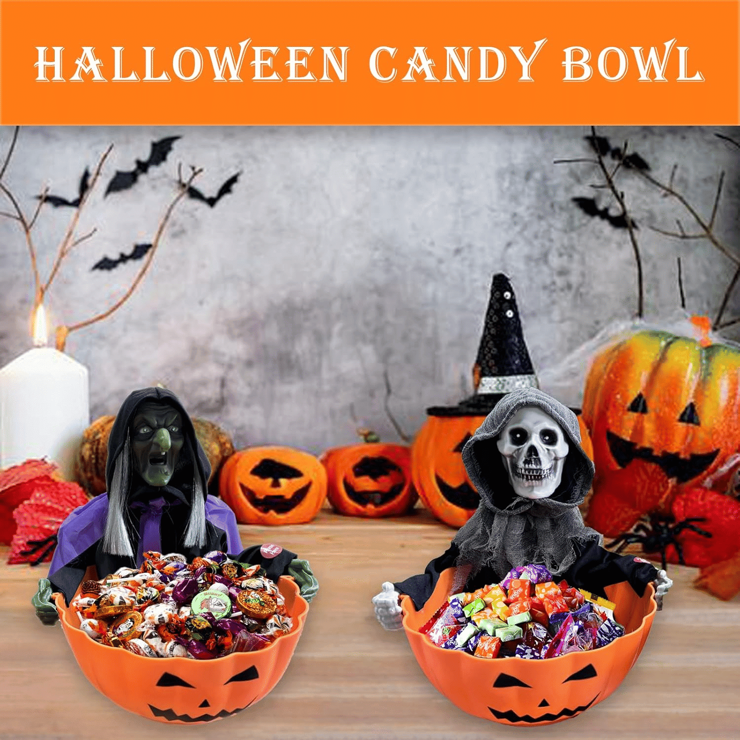 Light Up Witch Candy Bowl with Ghost Skull Sound for Halloween Parties
