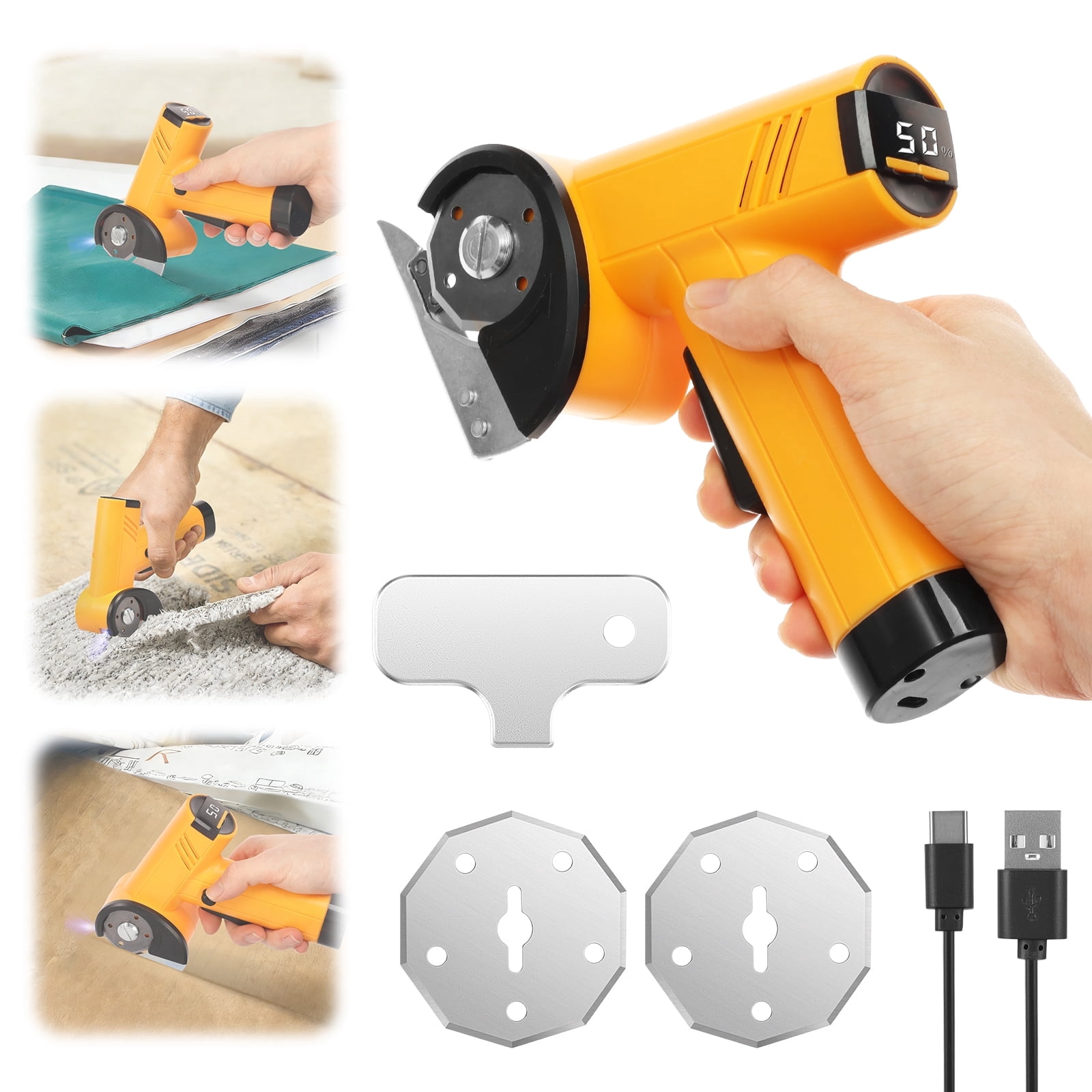 Tmwefusc Cordless Electric Scissor with LED Display Cardboard Box Cutter Electric Chop Saw Power Rotary Cutter Multipurpose for Carpet Leather Cardboard,Yellow