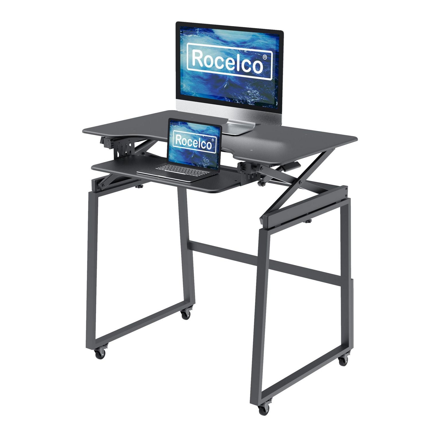 Rocelco 40 "Bureau debout mobile de grande taille réglable en hauteur BUNDLE - Montant pour moniteur double assis-debout roulant - Station de travail assistée par ressort à gaz - Plateau pour clavier