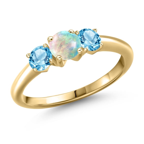 Gem Stone King 10K Yellow Gold Simulated White Opal and Swiss Blue Topaz Engagement Ring for Women | 1.21 Cttw | Round Cabochon 5MM | Gemstone October Birthstone | Size 7