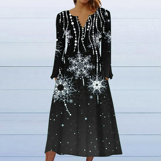 FcBaudy Robe Longue à Manches Longues Col Rond Longueur Genou, Robes pour Femmes, Robes d'Été pour Femmes Bouton Décontracté Imprimé de Noël Plissé Manches Longues Col Rond Longueur Genou Robe Femme